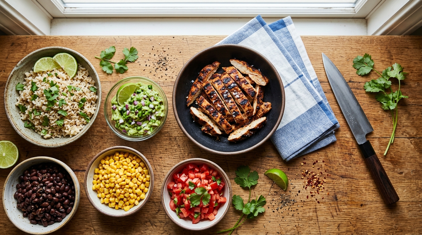 Chicken Guacamole Bowl (Easy 15-Minute Meal-Prep Lunch) ingredients and preparation setup