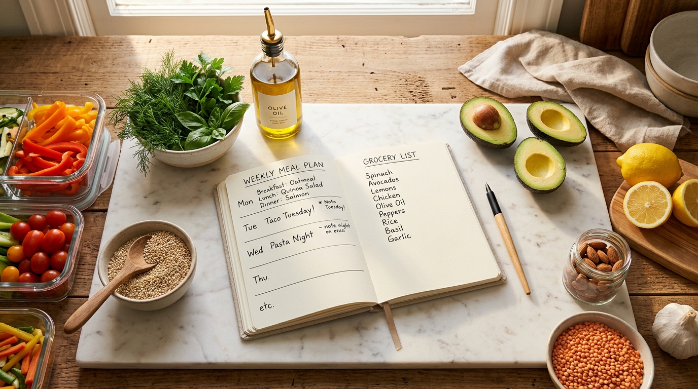 Weekly meal planner open on kitchen counter beside fresh produce and organized ingredients