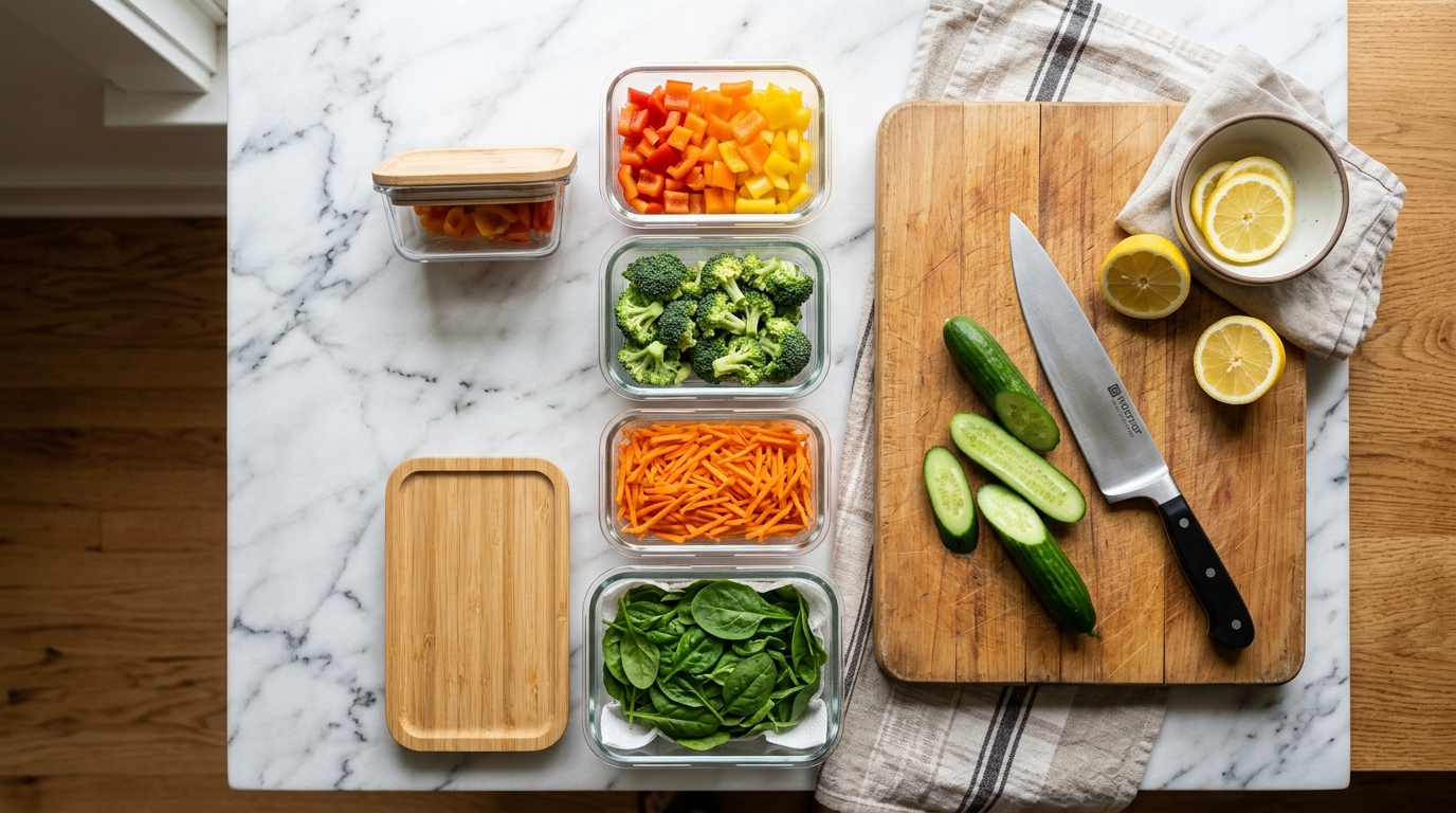 Neatly organized clear glass containers with diced bell peppers, broccoli florets, shredded carrots, and prepped spinach on a bright kitchen counter