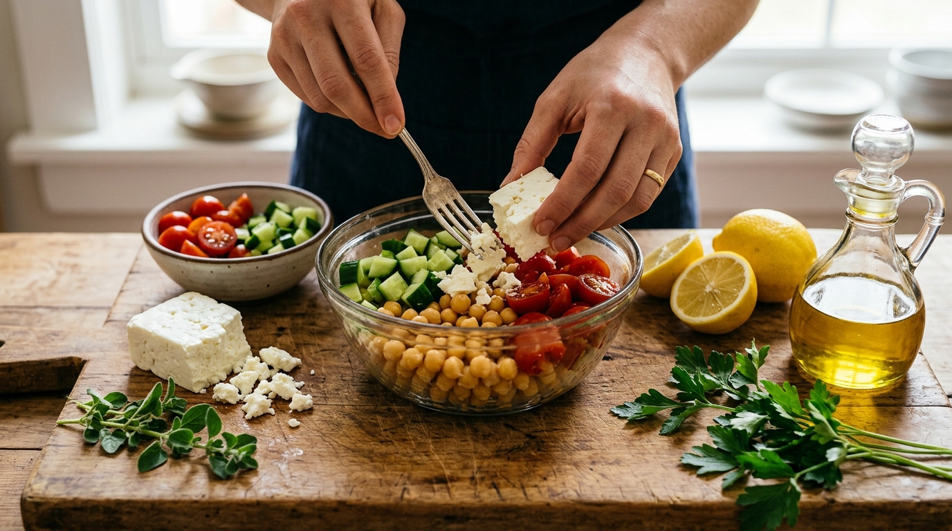 Lemon Chickpeas (Quick 10-Minute Lunch Bowl) ingredients and preparation setup