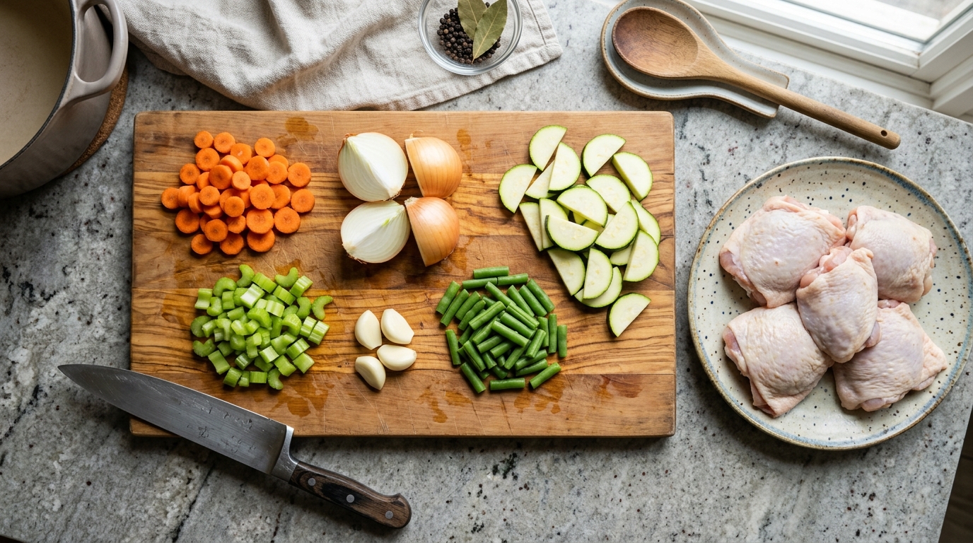 Light Vegetable Soup (Clear, Fresh & Soothing) ingredients and preparation setup