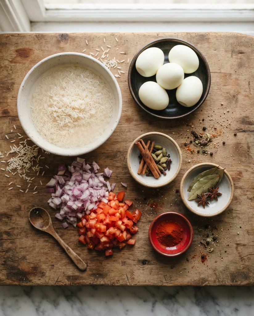 Masala Rice with Boiled Egg – Easy One-Pot Dinner Recipe ingredients and preparation setup