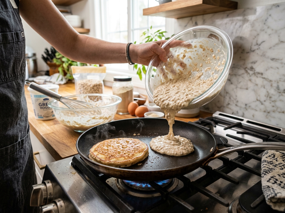 Fluffy Protein Pancakes (Easy High-Protein Workday Breakfast) ingredients and preparation setup