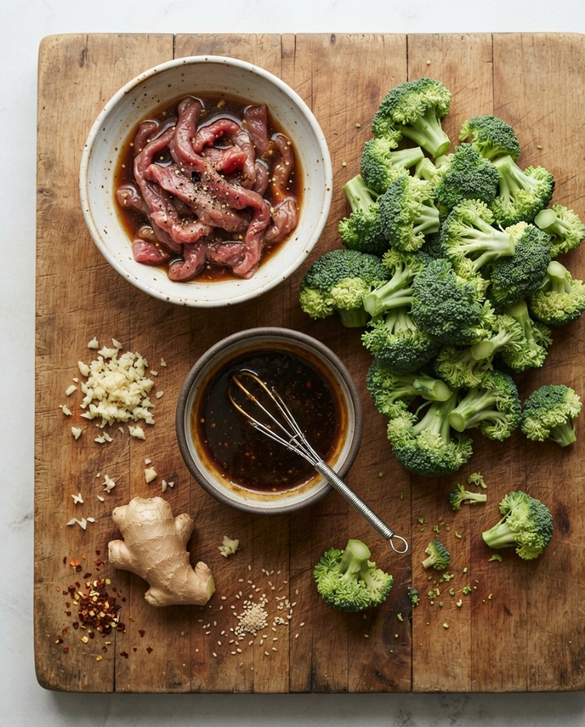 Beef and Broccoli – Better Than Takeout Dinner Recipe ingredients and preparation setup