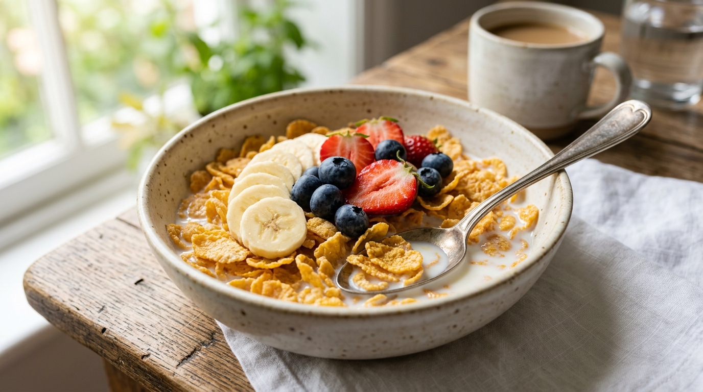 Cornflakes with Fruit (Classic Quick Cereal Breakfast Bowl)