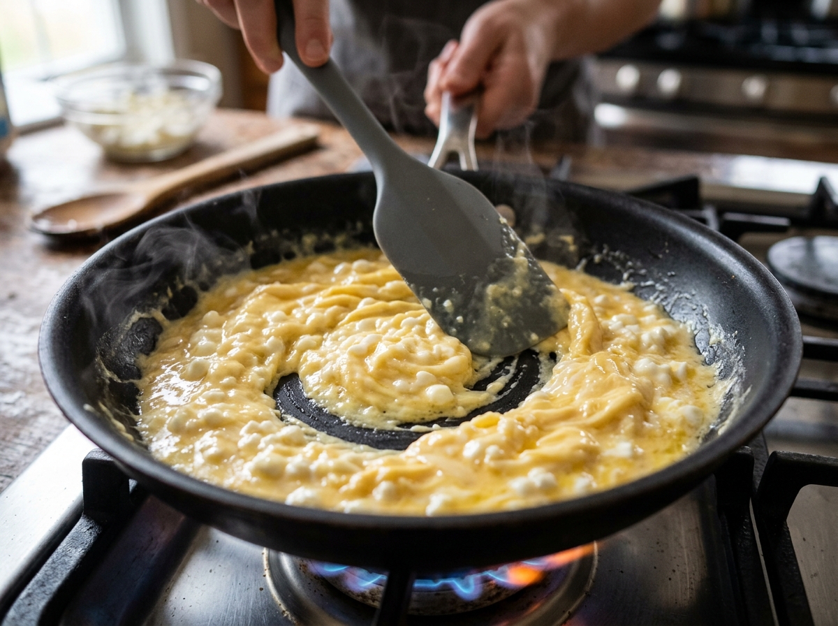 Double-click to save image, or right-click for 'Save image as...' Cottage Cheese Scrambled Eggs – Easy Creamy Breakfast finished dish and serving presentation