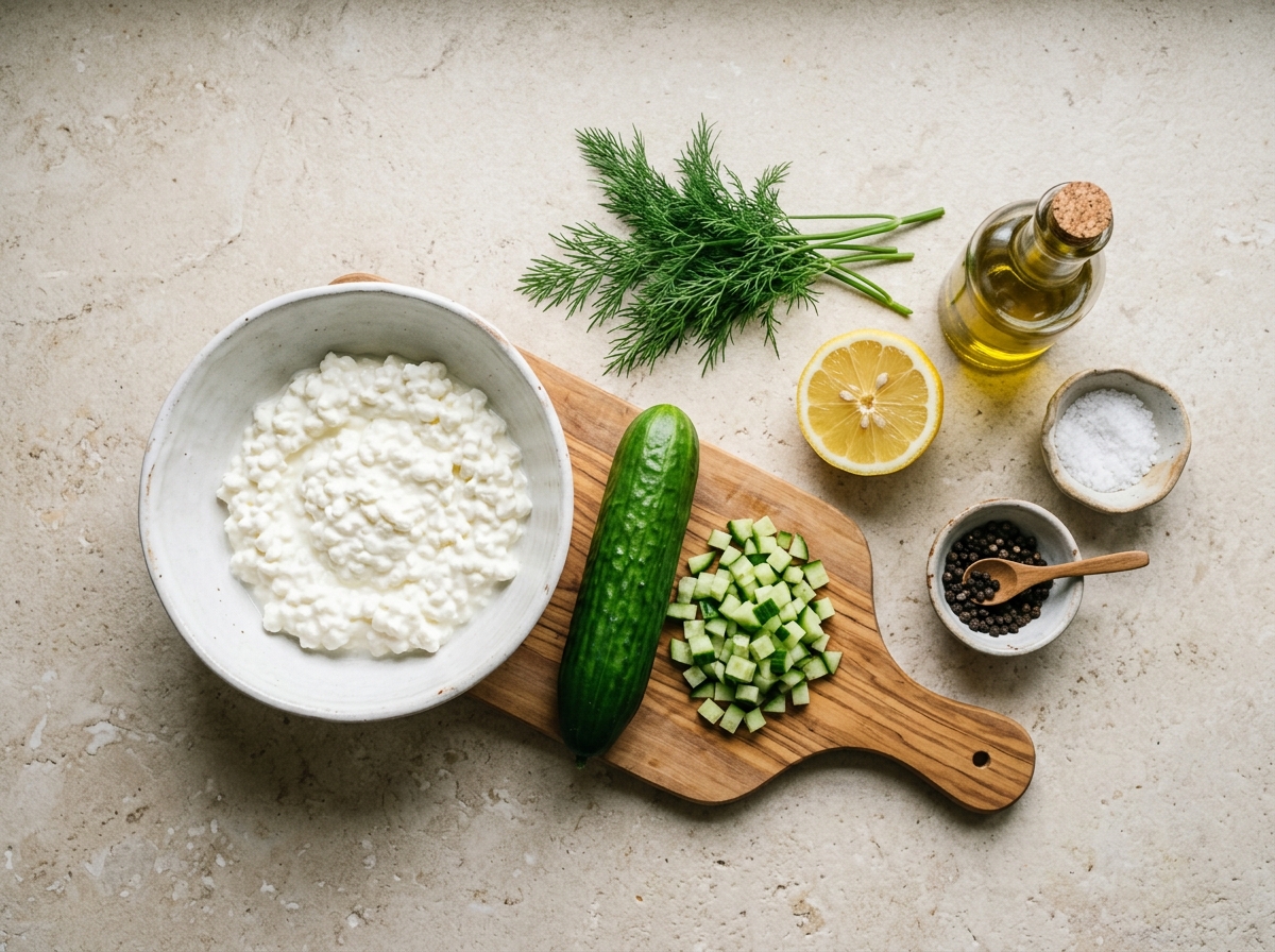 High-Protein Cottage Cheese with Cucumber: A Light and Protein-Rich Breakfast for Work (Quick & Healthy Recipe) ingredients and preparation setup