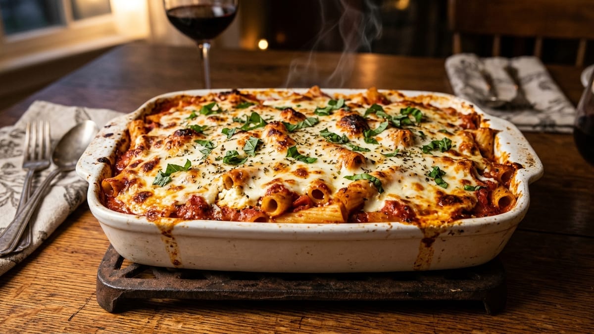 Double-click to save image, or right-click for 'Save image as...' Easy Baked Ziti with Ricotta & Mozzarella