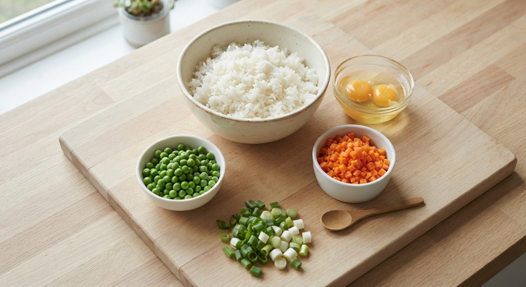 Egg Fried Rice – Simple Back to School Lunch Recipe ingredients and preparation setup