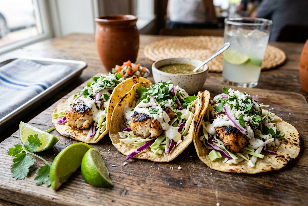 Fish Tacos with Greek Yogurt Sauce
