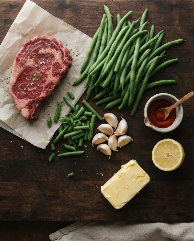 Garlic Steak and Green Beans – Easy One-Pan Dinner ingredients and preparation setup