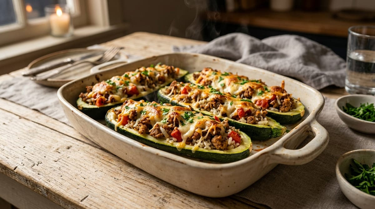 Easy Ground Turkey Zucchini Boats with Rice & Cheese