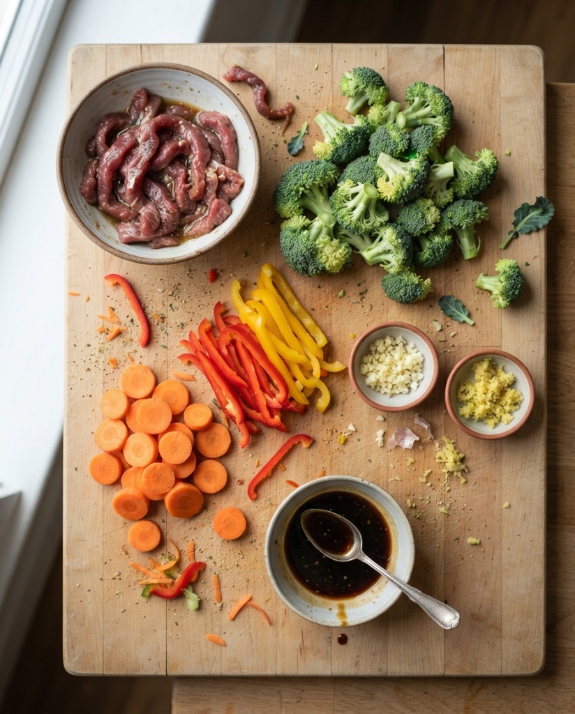 Easy Chicken and Vegetable Stir-Fry ingredients and preparation setup