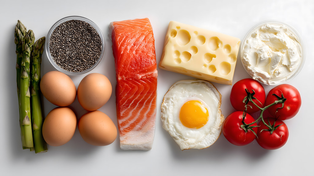 Cottage Cheese and Egg Breakfast Bowl with Avocado ingredients and preparation setup