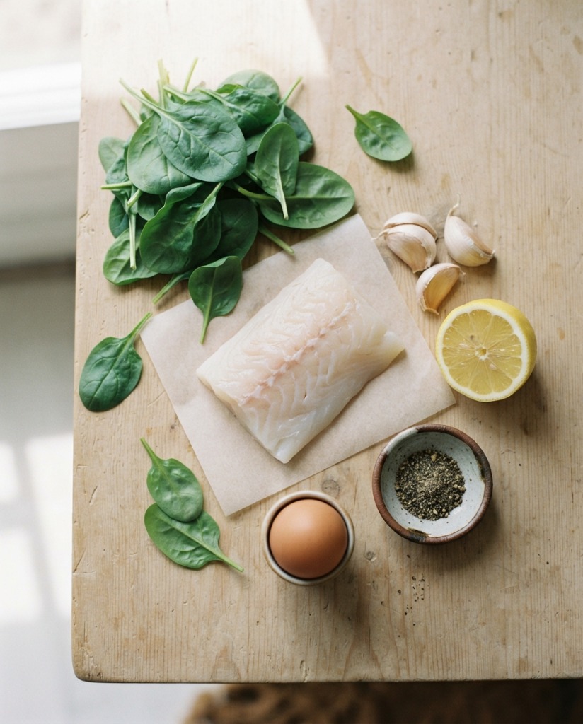 Light Fish and Spinach Breakfast Bowl – Easy High-Protein Recipe ingredients and preparation setup