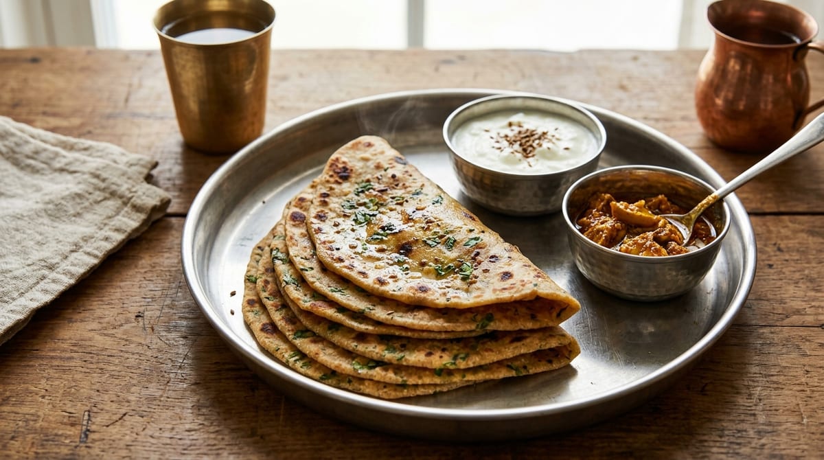Methi Paratha with Yogurt Dip (Mild Fenugreek Flatbread)
