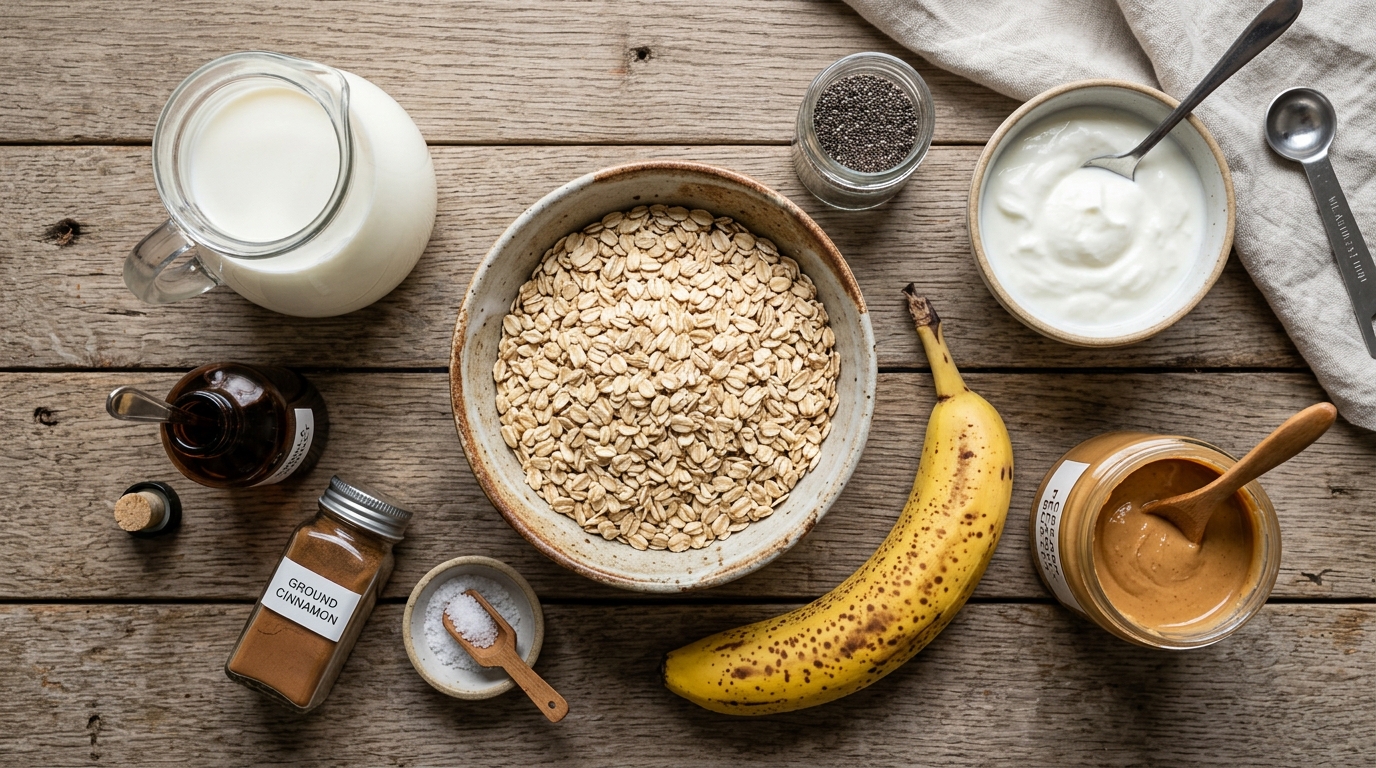 Easy Peanut Butter Banana Overnight Oats: Easy 5-Minute Breakfast (Quick & Simple Recipe) ingredients and preparation setup
