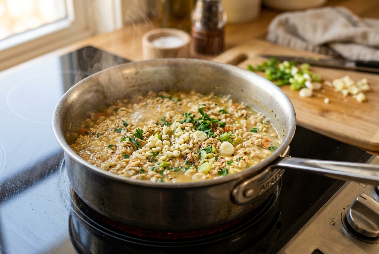 Savory Oatmeal with Egg – Easy Breakfast Bowl ingredients and preparation setup
