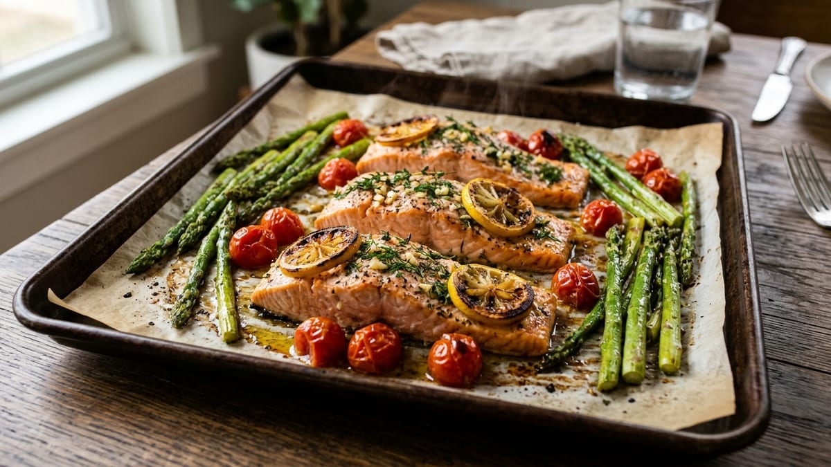 Double-click to save image, or right-click for 'Save image as...' Sheet Pan Lemon Herb Salmon with Asparagus & Tomatoes