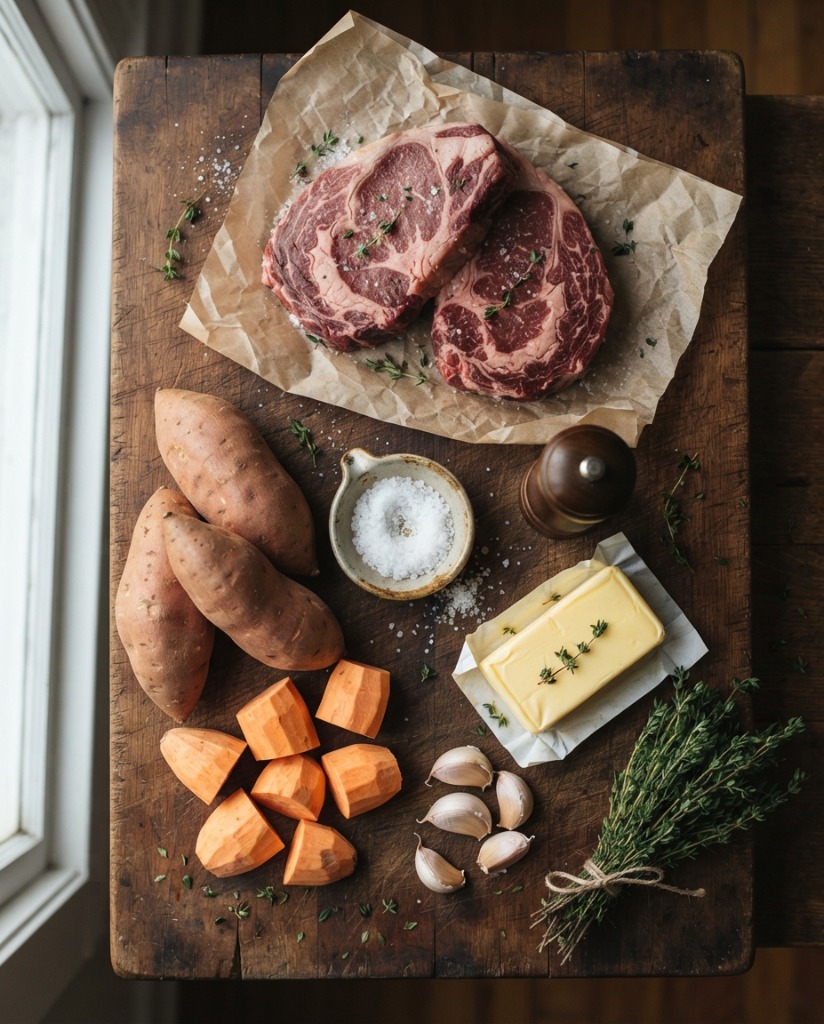 Steak with Sweet Potato Mash – Easy Restaurant-Style Dinner ingredients and preparation setup