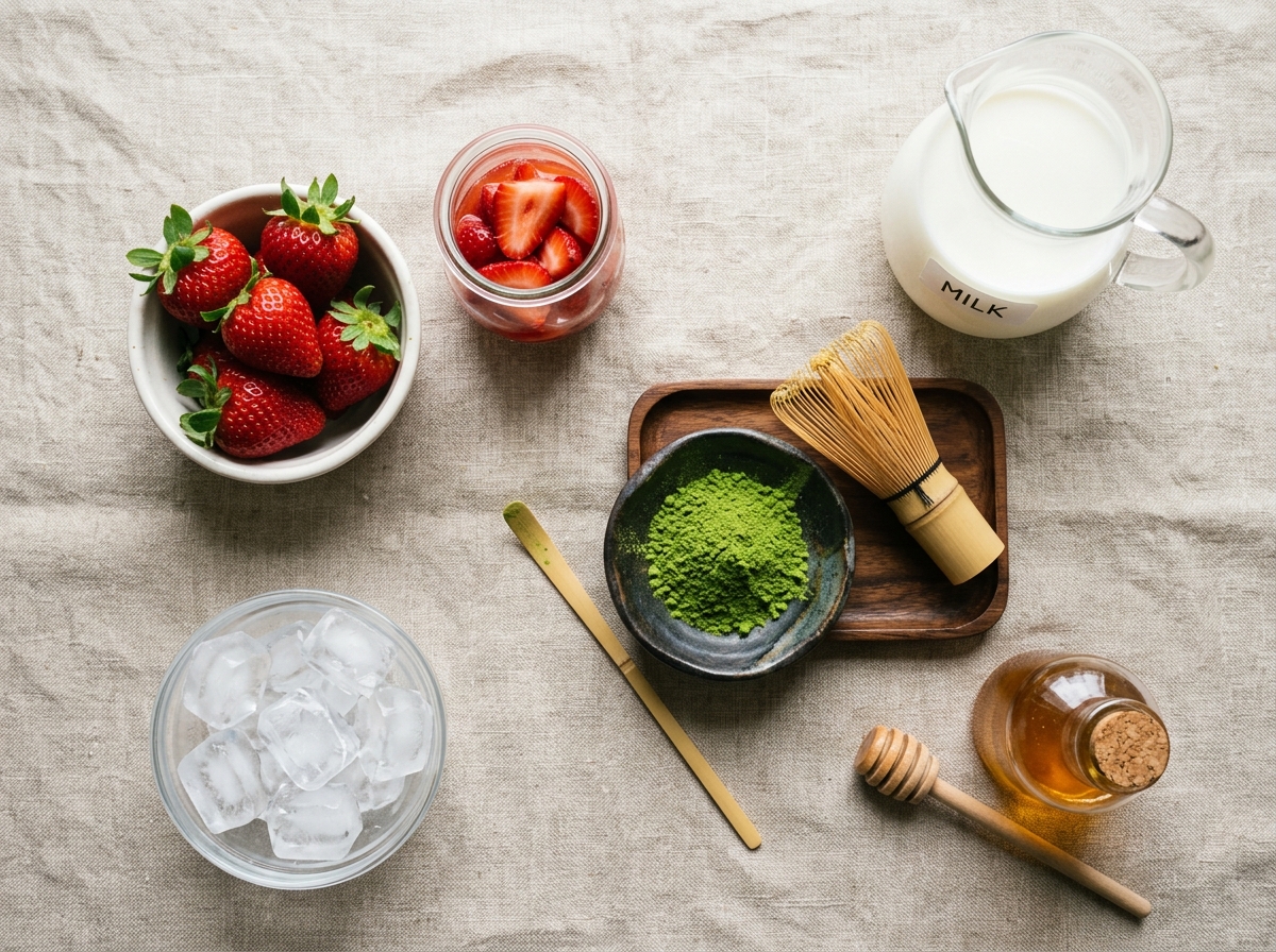 Easy Strawberry Matcha Latte Recipe (Iced & Ready in 10 Minutes) ingredients and preparation setup