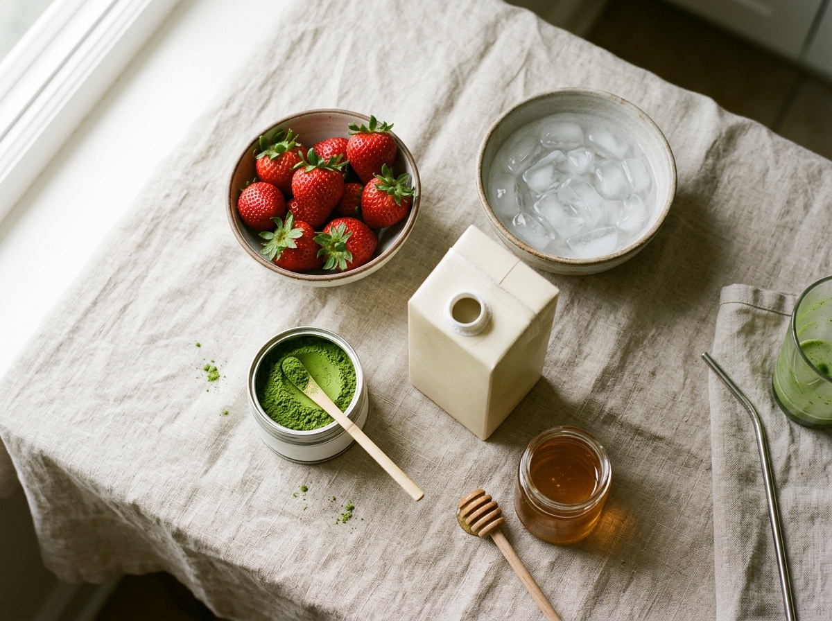 Refreshing Strawberry Matcha Latte With Oat Milk: Easy Iced Recipe (Easy 5-Minute Recipe) ingredients and preparation setup