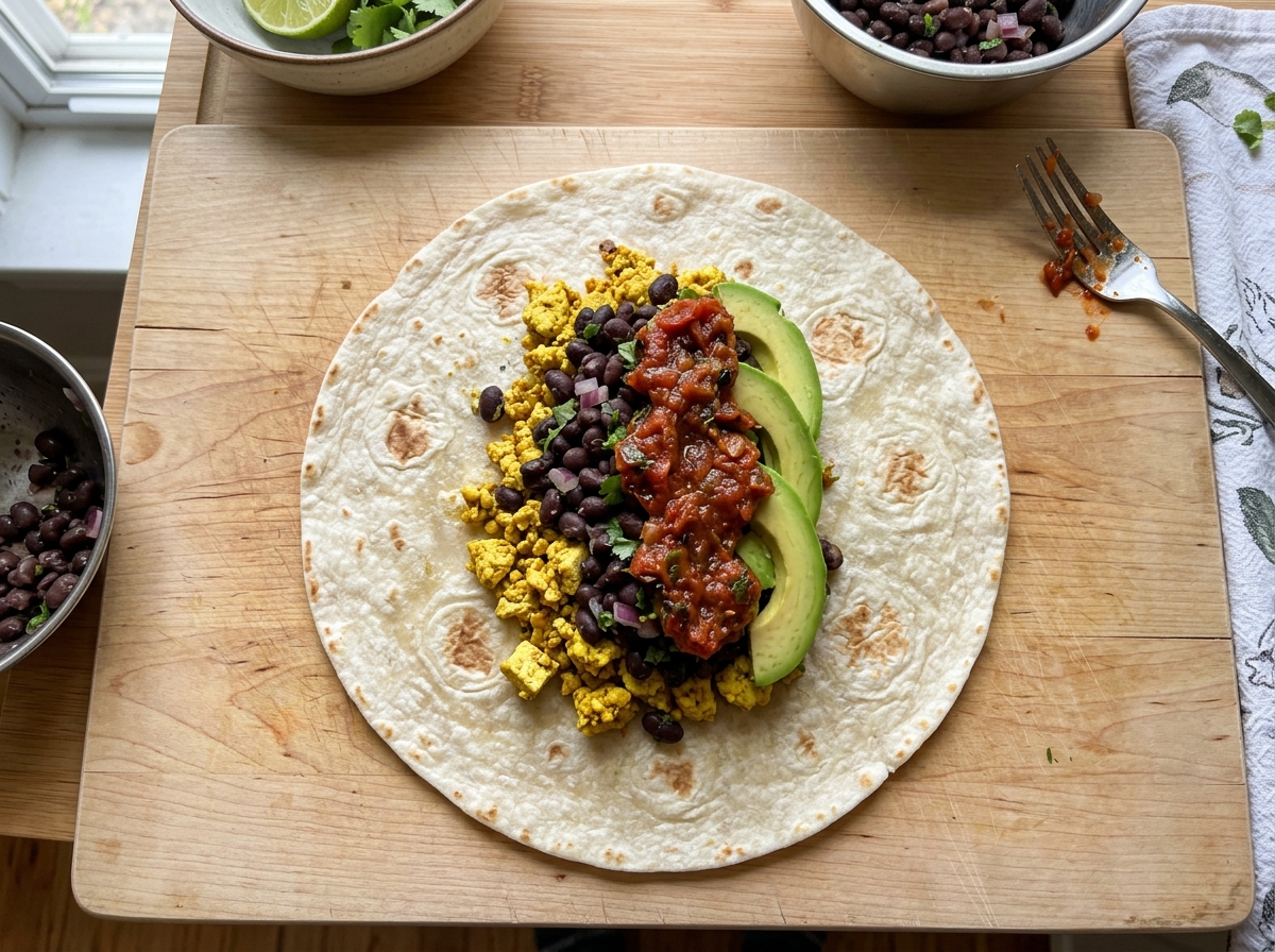 Double-click to save image, or right-click for 'Save image as...' Tofu Breakfast Burrito – Easy Savory Breakfast Wrap finished dish and serving presentation