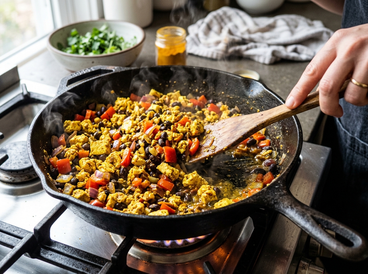 Tofu Breakfast Burrito – Easy Savory Breakfast Wrap ingredients and preparation setup