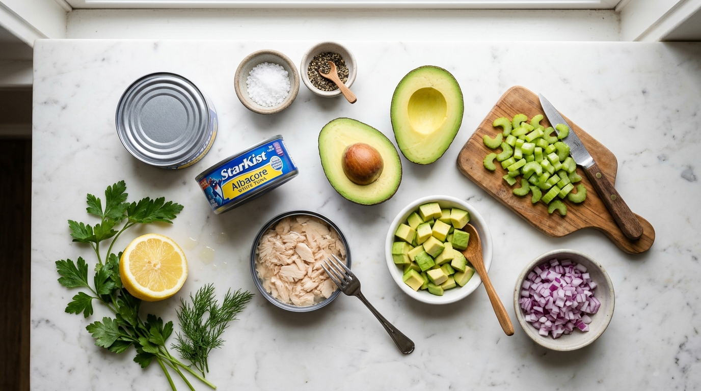 Tuna Avocado Salad – Easy No-Mayo Lunch ingredients and preparation setup