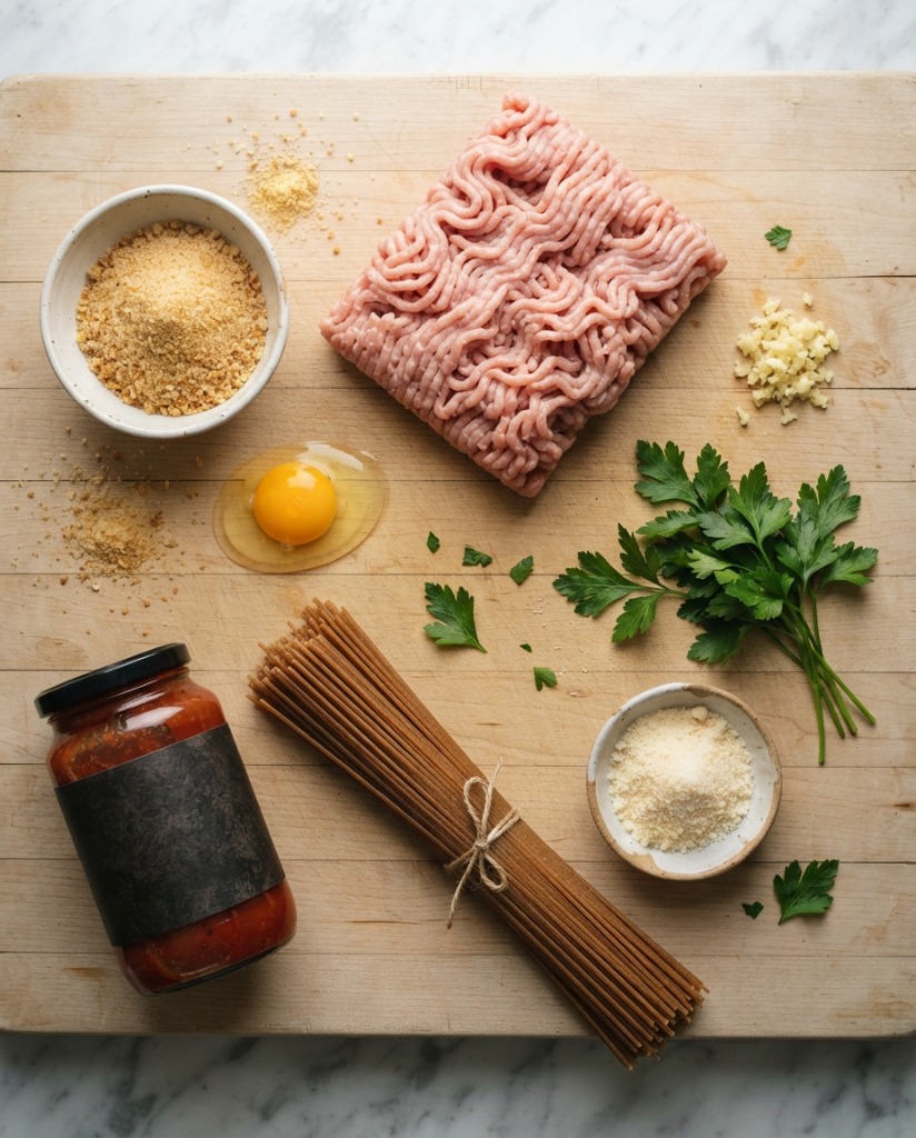Turkey Meatballs with Whole Wheat Pasta – Easy Healthy Dinner ingredients and preparation setup