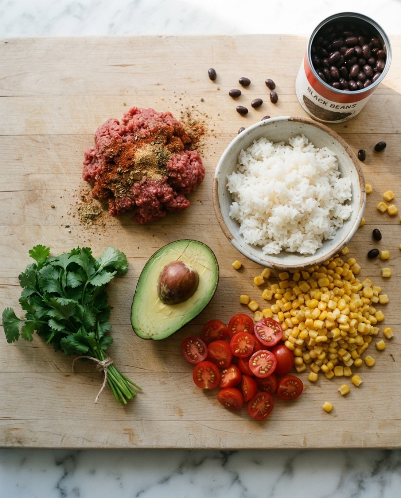 Mexican Beef Protein Bowl – Easy High-Protein Dinner ingredients and preparation setup