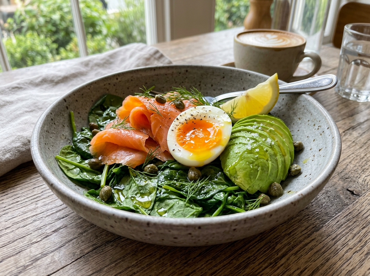 Smoked Salmon and Spinach Breakfast Bowl with Soft-Boiled Egg