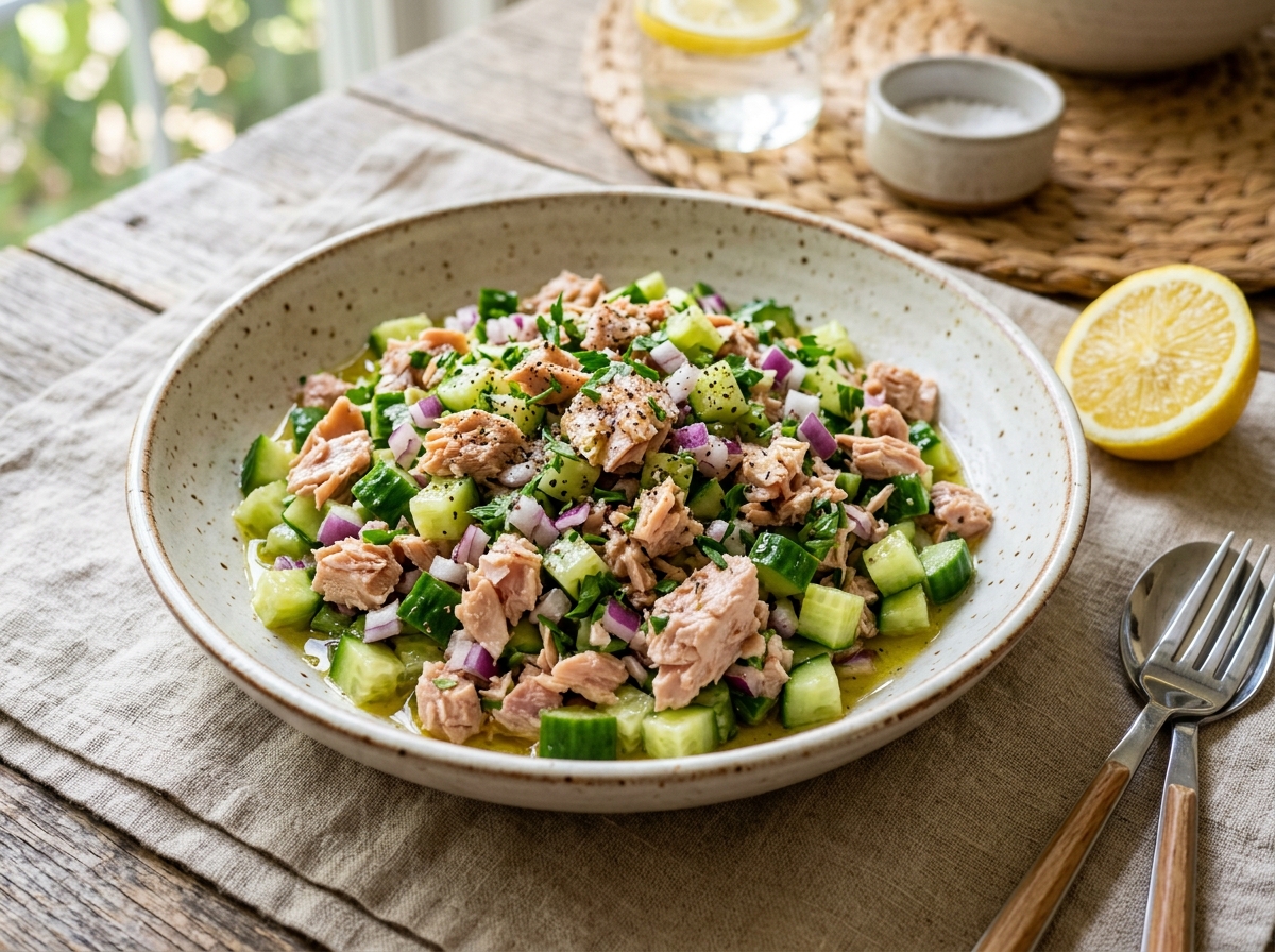 Tuna Cucumber Salad (No Mayo, Lemon & Herb Dressing)